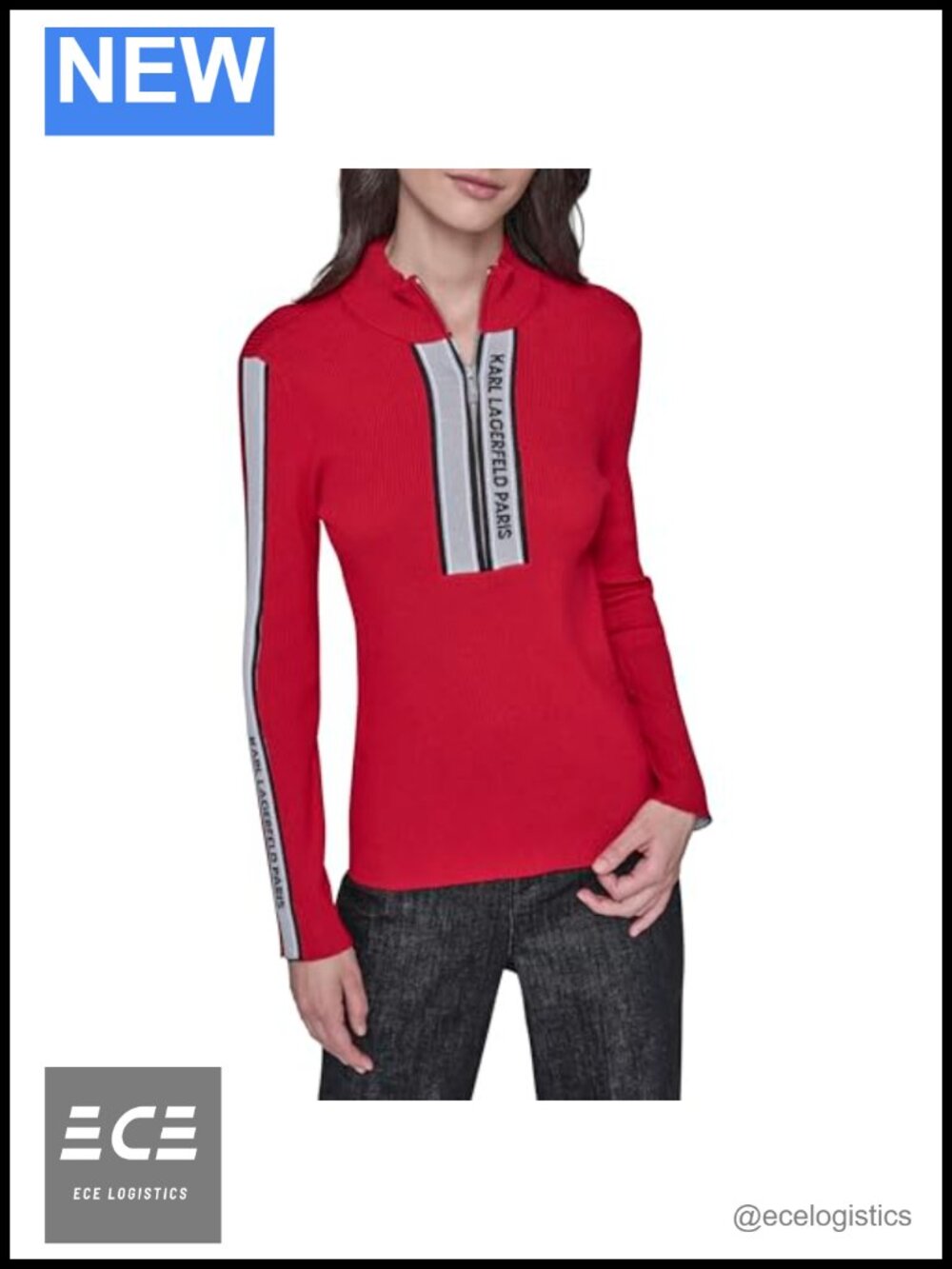Long Sleeve Mock Neck Logo Tape Zip Up Sweater Pullover